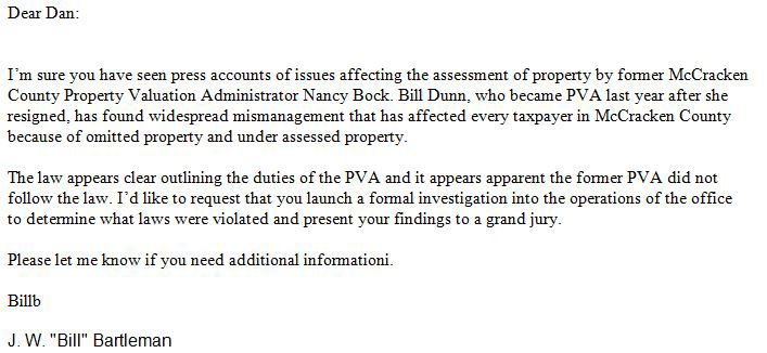Letter from Commissioner Bartleman to Commonwealth Attorney Dan Boaz.